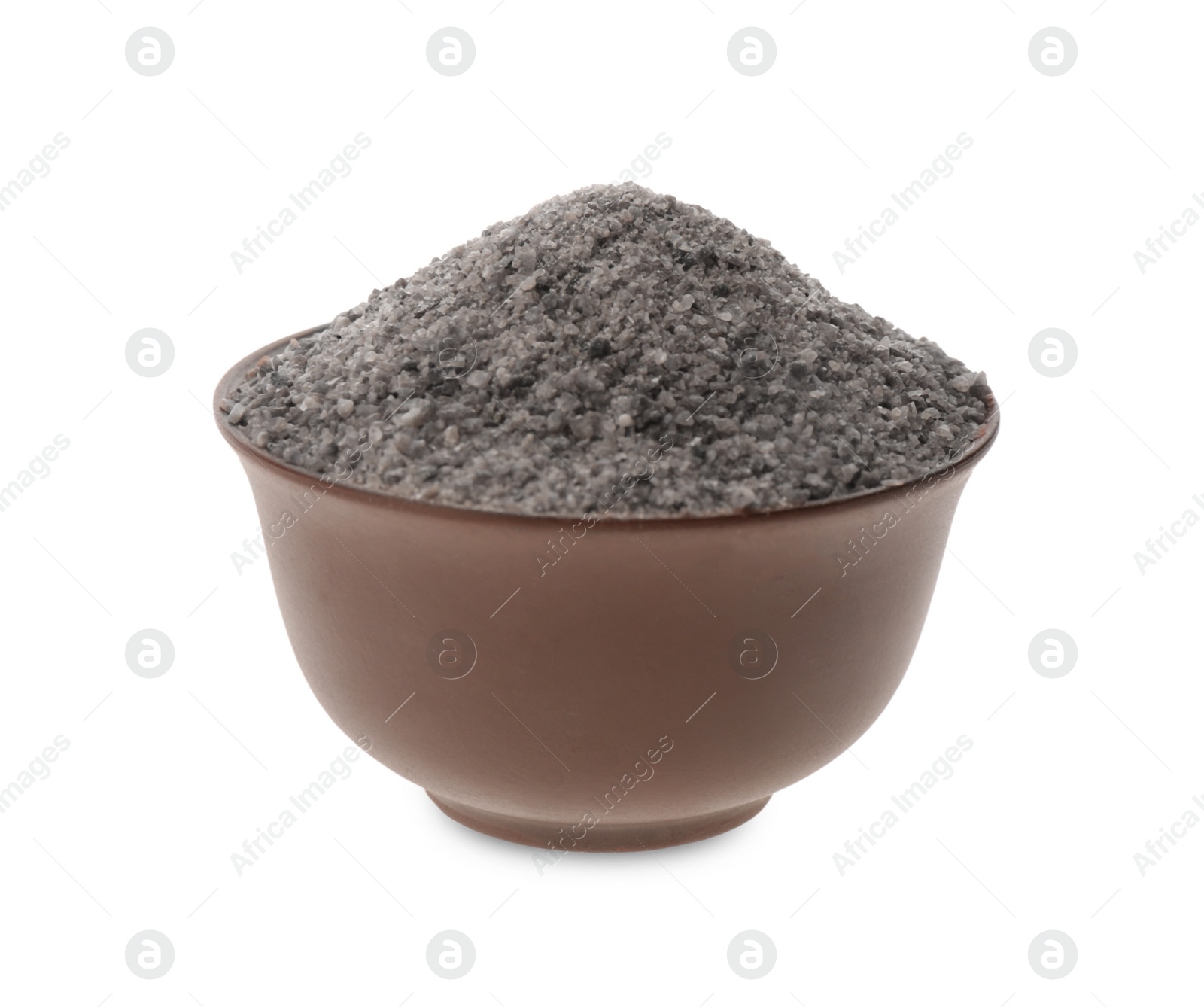 Photo of Ground black salt in bowl isolated on white