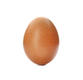 Photo of Raw brown chicken egg on white background