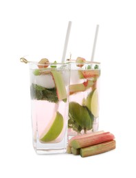 Photo of Tasty rhubarb cocktail with lime isolated on white