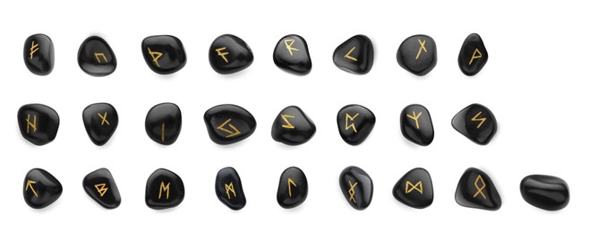 Image of Set of black stone runes on white background. Divination tool