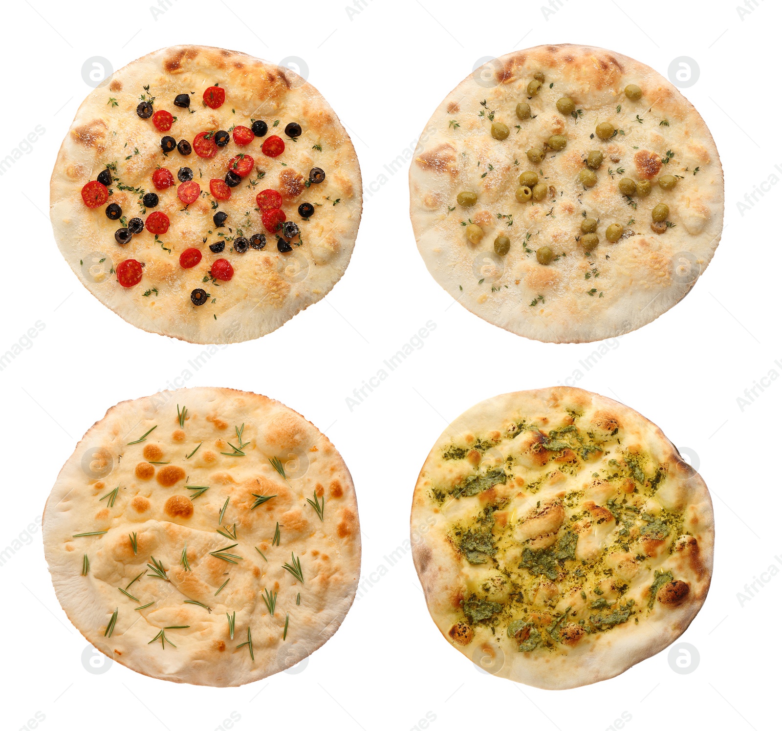 Image of Set with different traditional Italian focaccia on white background, top view