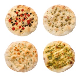 Image of Set with different traditional Italian focaccia on white background, top view