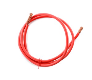 Photo of Red cable on white background, top view. Electrician's supply