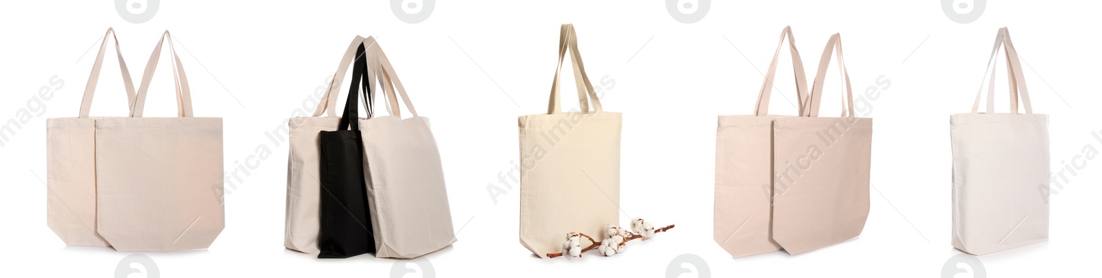 Image of Set of eco bags on white background. Banner design