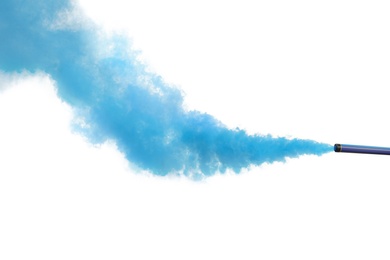 Photo of Woman with blue smoke bomb near white wall outdoors, closeup