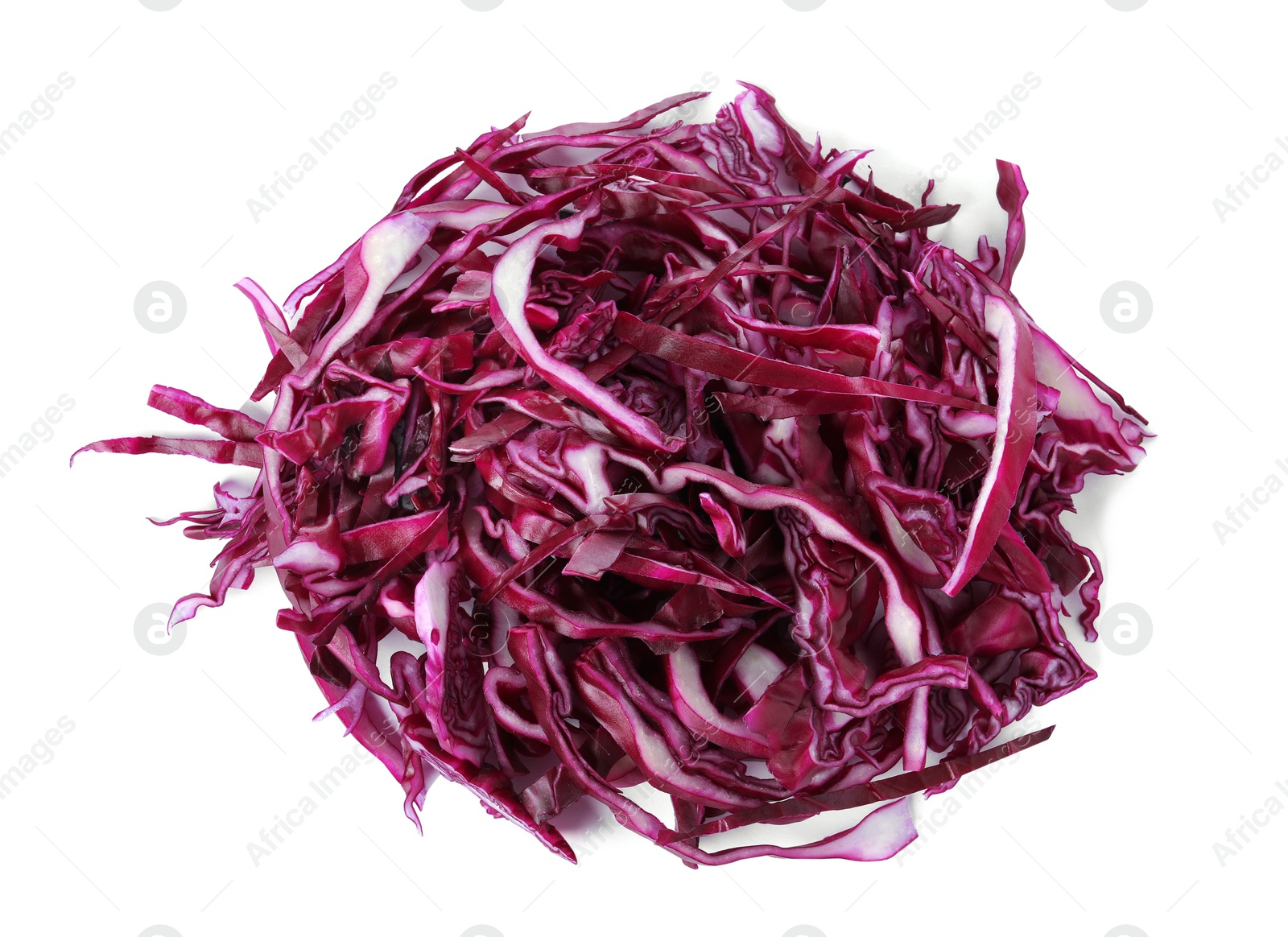 Photo of Chopped fresh red cabbage isolated on white, above view