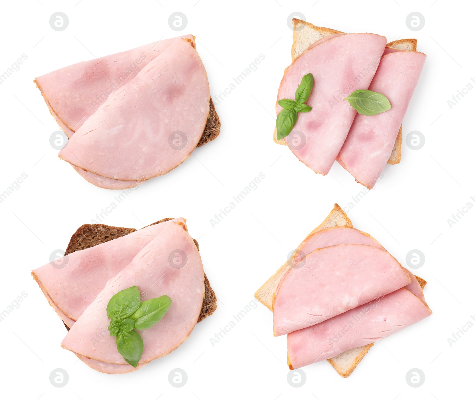 Image of Tasty sandwiches with ham isolated on white, top view