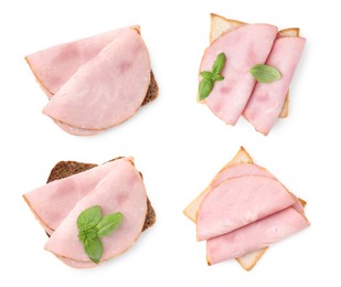 Image of Tasty sandwiches with ham isolated on white, top view