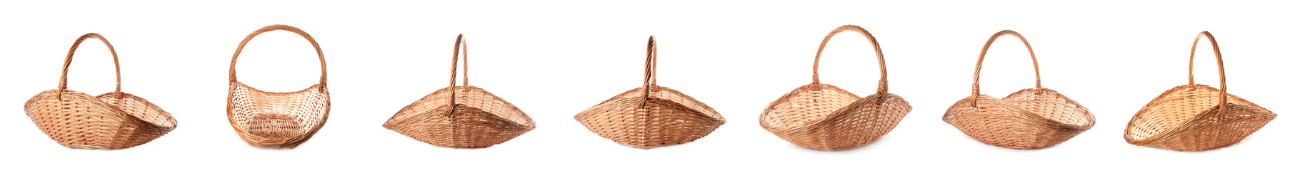 Image of Set with wicker baskets on white background. Banner design 