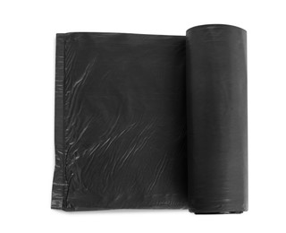 Roll of grey garbage bags on white background, top view. Cleaning supplies