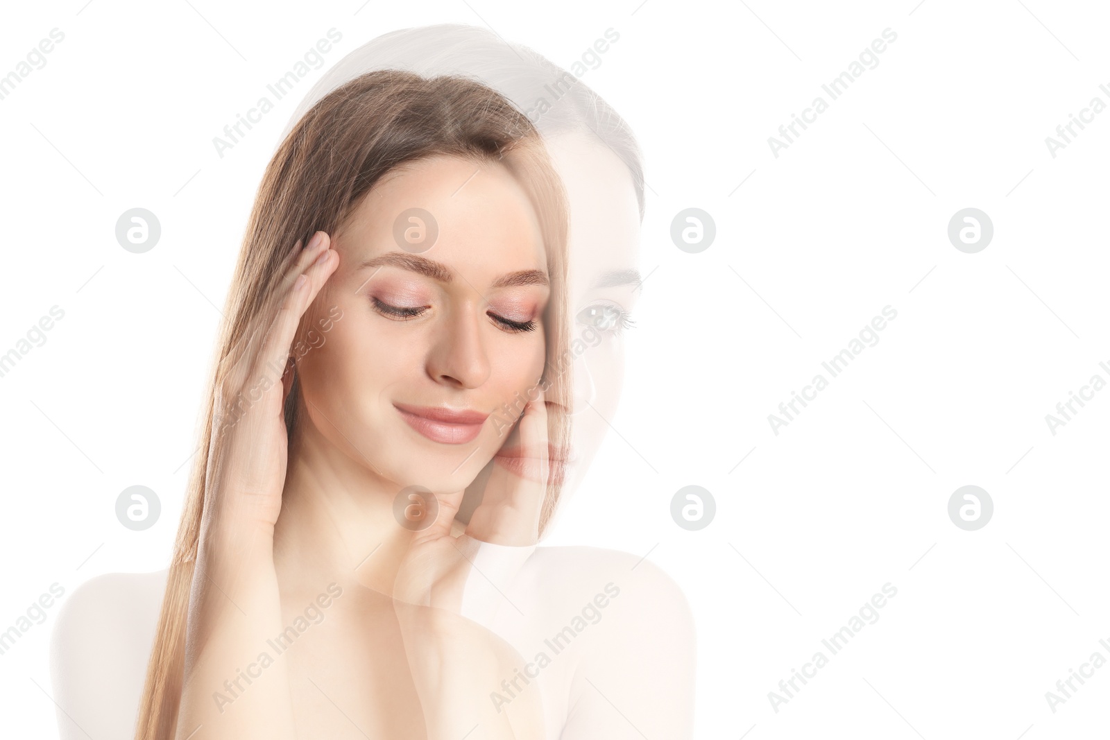 Image of Double exposure of beautiful women on white background