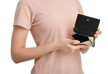 Woman with empty wallet on white background, closeup