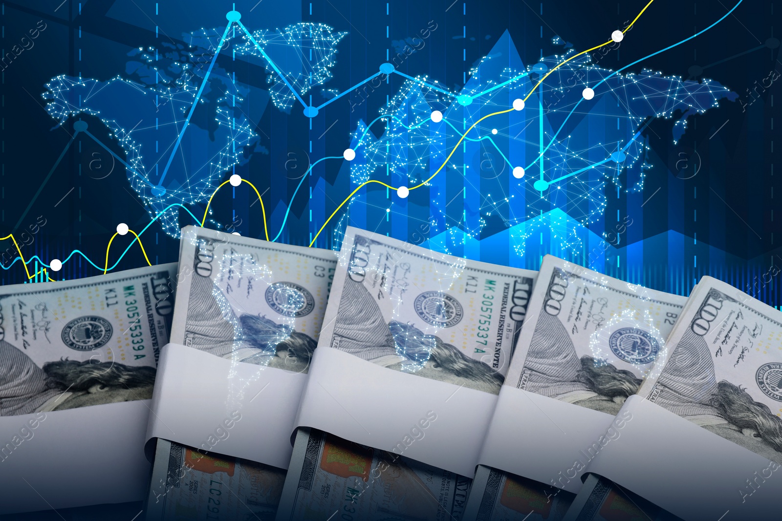 Image of Foreign exchange market. Double exposure of money, digital currency charts and world map, closeup