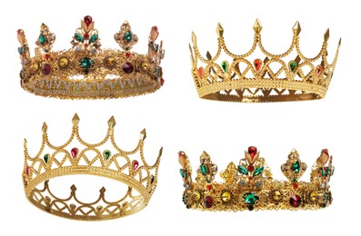 Collage of beautiful gold crowns with gems on white background