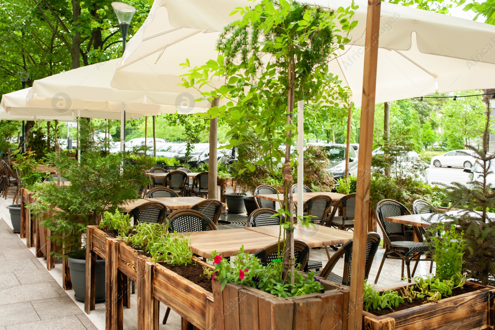 Photo of Beautiful cafe with stylish furniture and plants outdoors