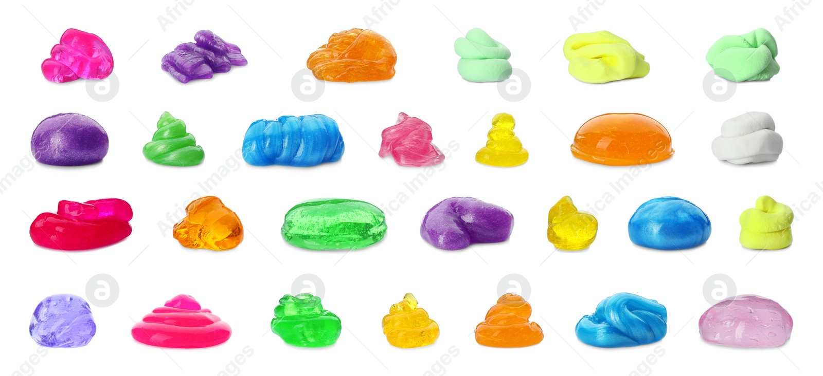 Image of Set of different colorful slimes on white background. Antistress toy 