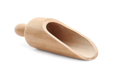 Wooden scoop isolated on white. Cooking utensil