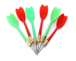 Sharp red and green darts isolated on white, top view