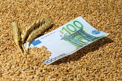 Photo of Euro banknote and ears of wheat on grains. Global food crisis concept