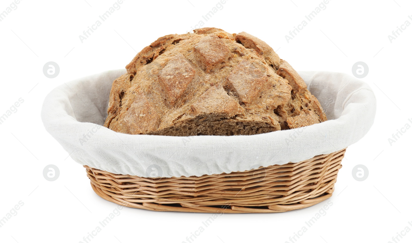 Photo of Wicker basket with fresh bread isolated on white