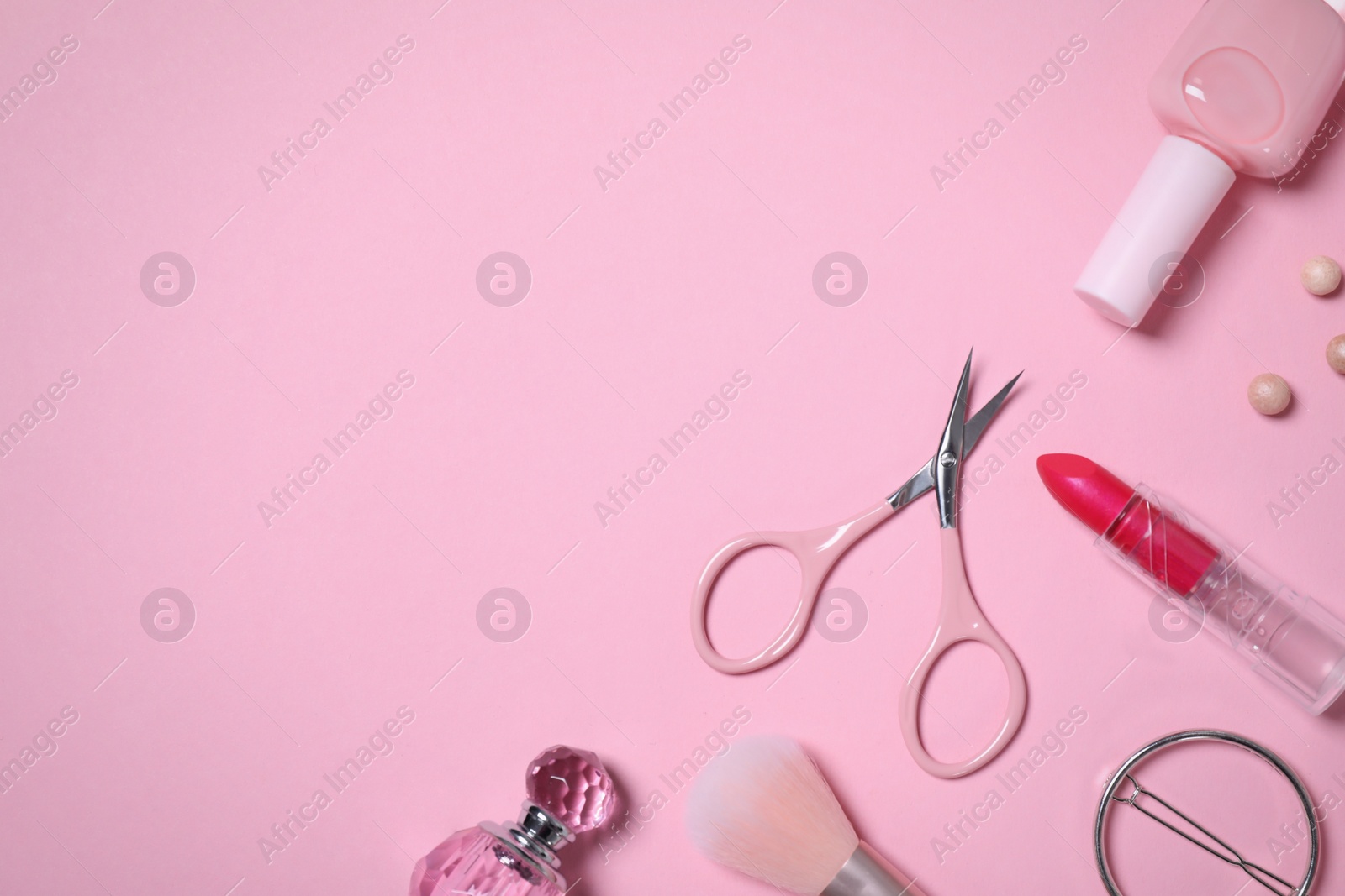 Photo of Flat lay composition with personal care products on pink background. Space for text