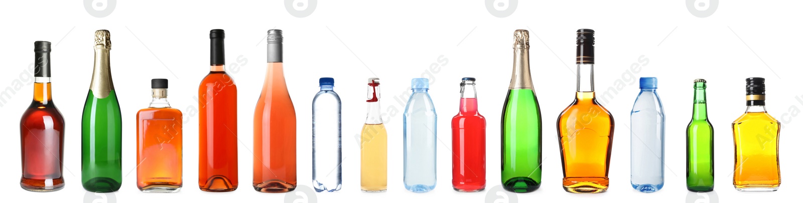 Image of Set of bottles with different drinks on white background. Banner design