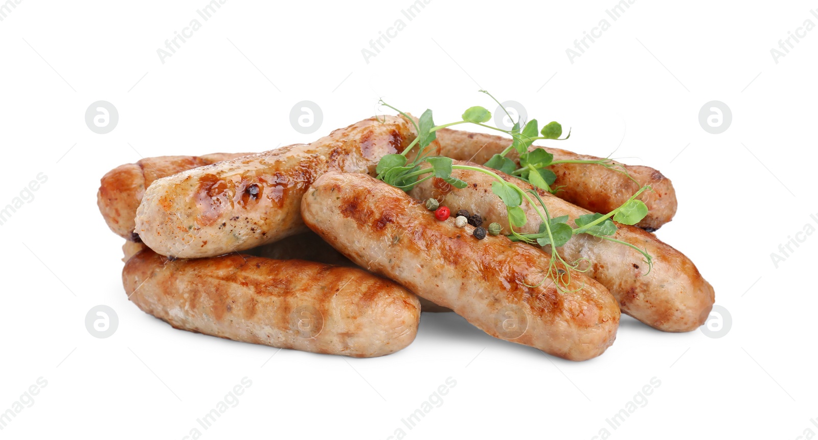 Photo of Tasty grilled sausages with microgreens isolated on white