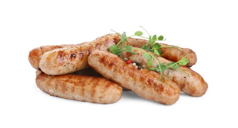 Photo of Tasty grilled sausages with microgreens isolated on white