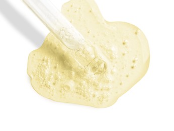 Image of Dropper with serum on white background, top view. Skin care product