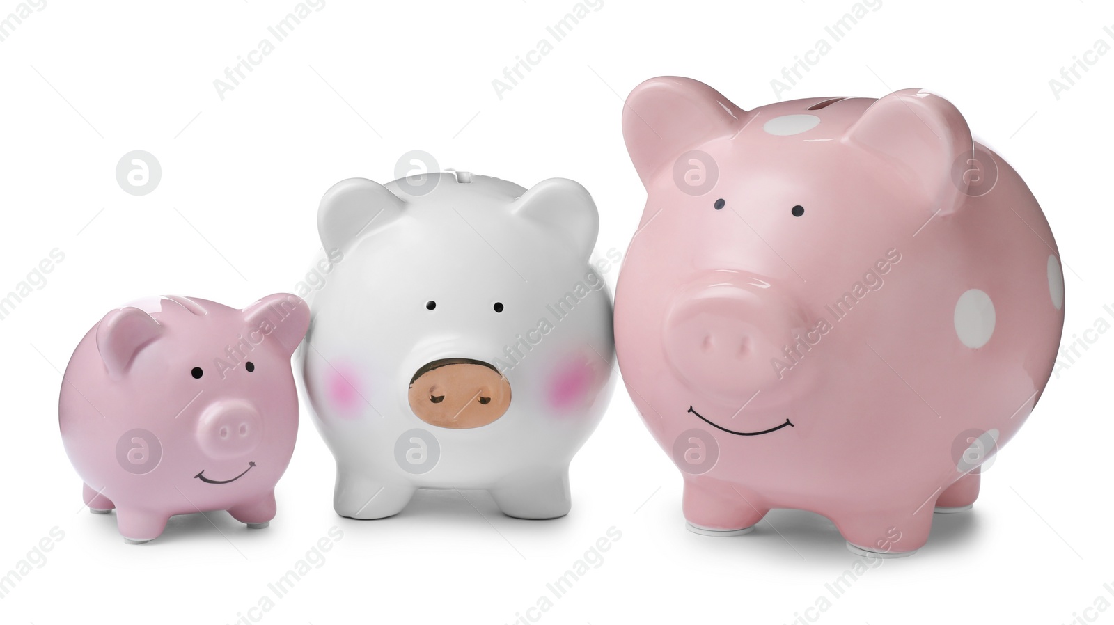 Photo of Different cute piggy banks on white background. Money saving