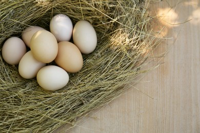 Nest with fresh raw eggs on wooden table, top view. Space for text