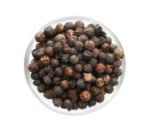 Glass bowl with black pepper grains on white background, top view