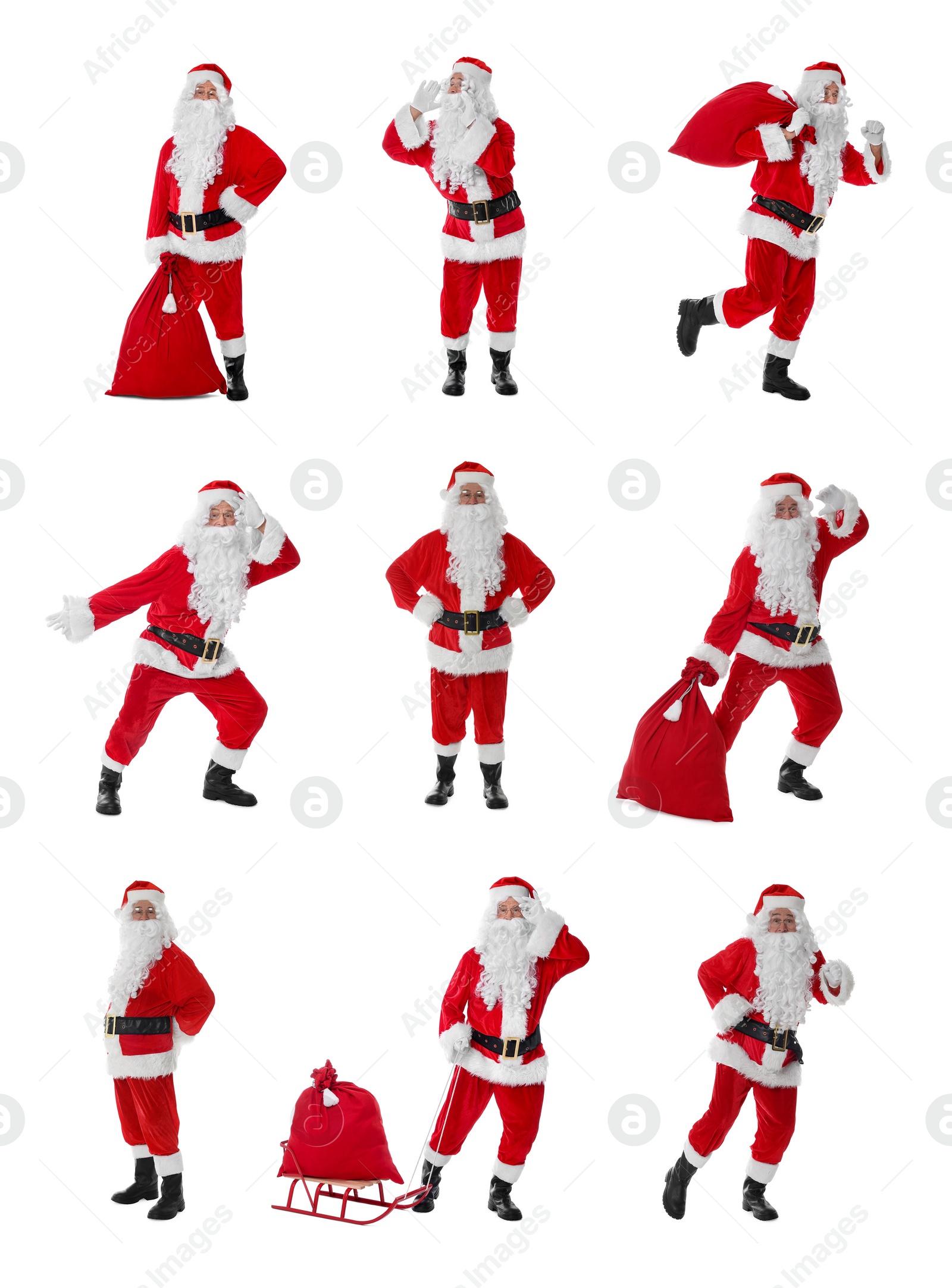 Image of Santa Claus on white background, set of photos. Christmas celebration