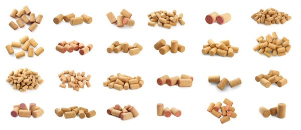 Image of Set with wine corks on white background. Banner design