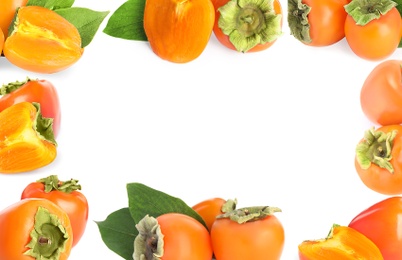 Image of Frame of delicious fresh ripe persimmons on white background, top view. Space for text