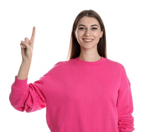 Photo of Woman showing number one with her hand on white background
