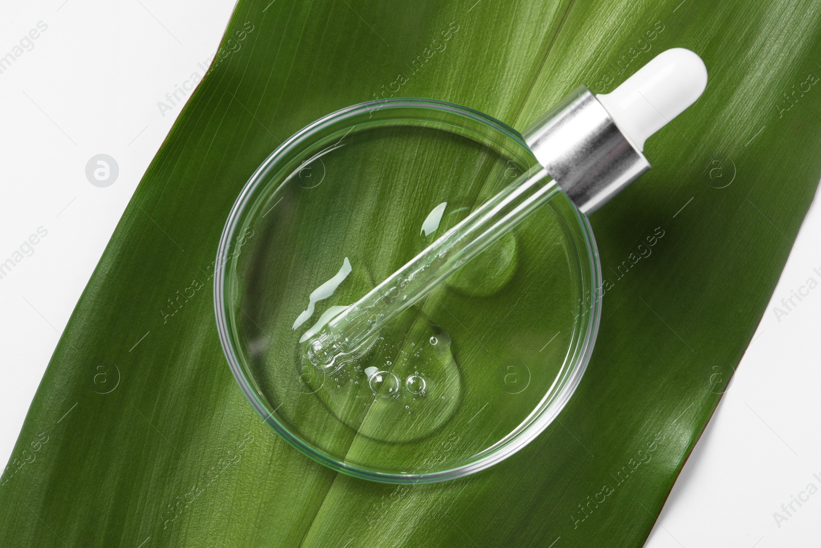Photo of Petri dish with sample of cosmetic oil, pipette and green leaf on white background, top view
