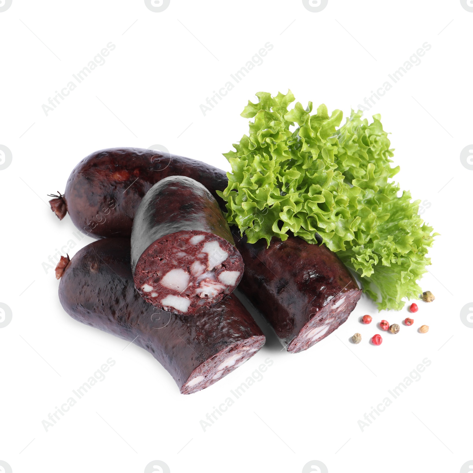 Photo of Tasty blood sausages with lettuce and pepper on white background, top view