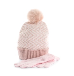 Woolen gloves and hat on white background