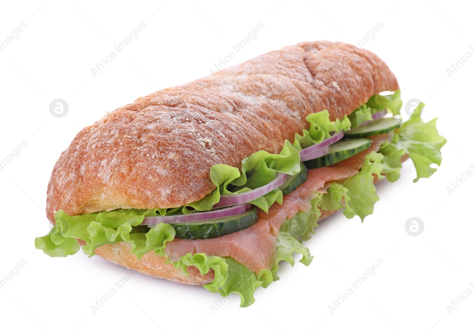 Photo of Delicious sandwich with fresh vegetables and salmon isolated on white