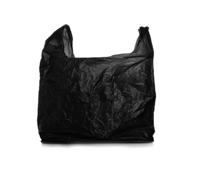 Photo of Black disposable plastic bag on white background