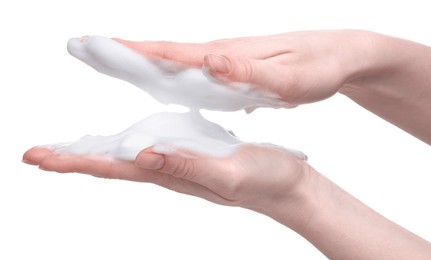 Woman with bath foam on white background, closeup