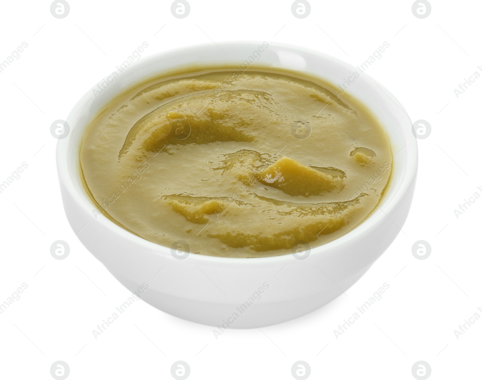 Photo of Bowl of healthy baby food isolated on white