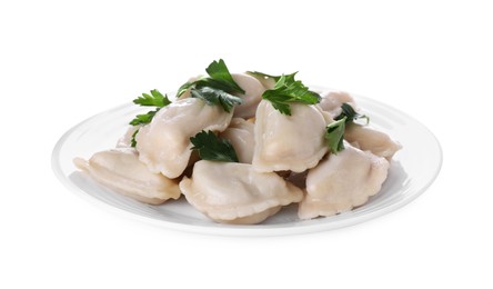 Photo of Delicious dumplings (varenyky) with tasty filling and parsley on white background