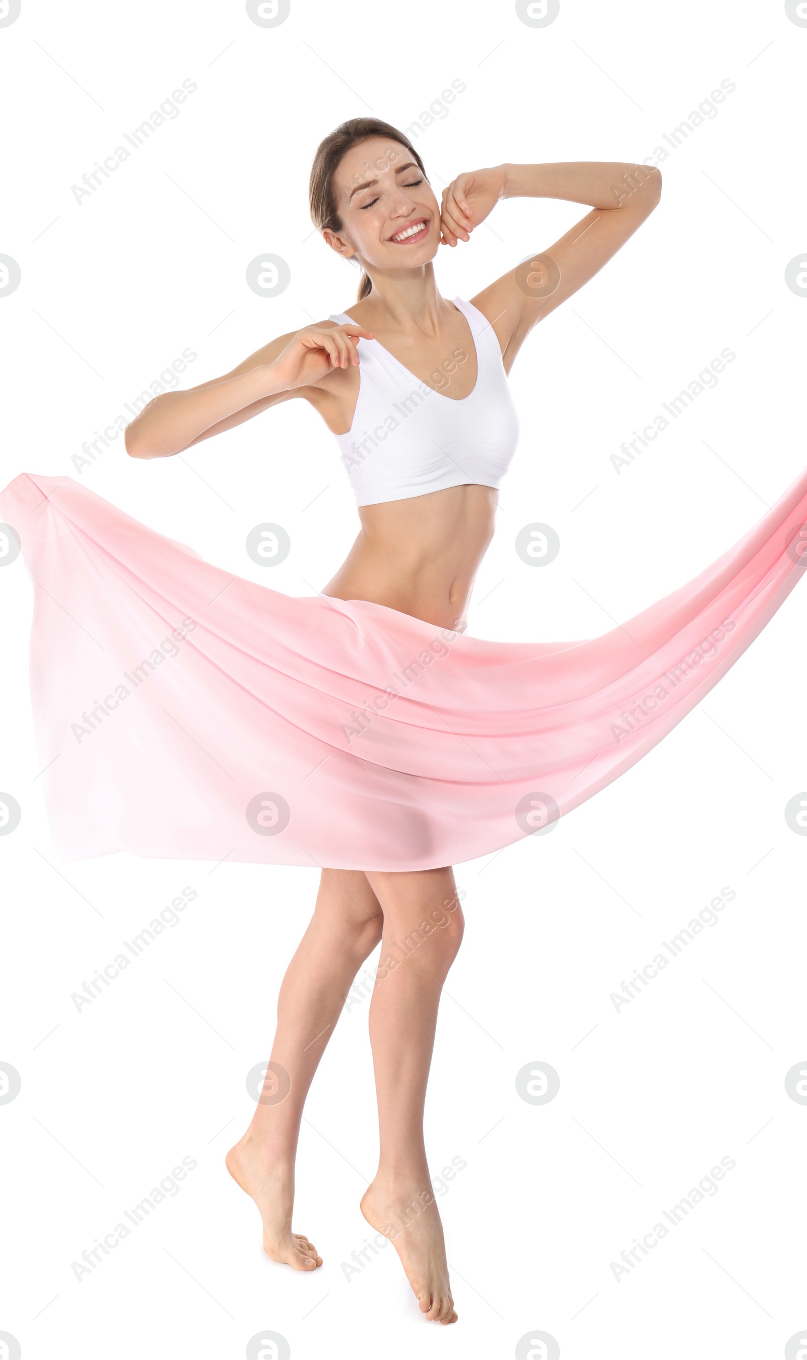 Photo of Young woman with soft fabric on white background. Beauty and body care