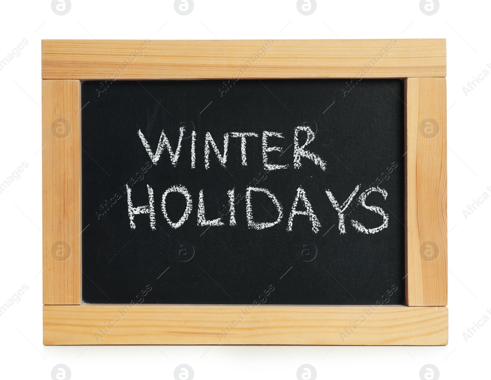 Photo of Blackboard with text Winter Holidays isolated on white