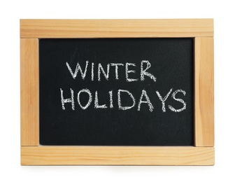 Photo of Blackboard with text Winter Holidays isolated on white