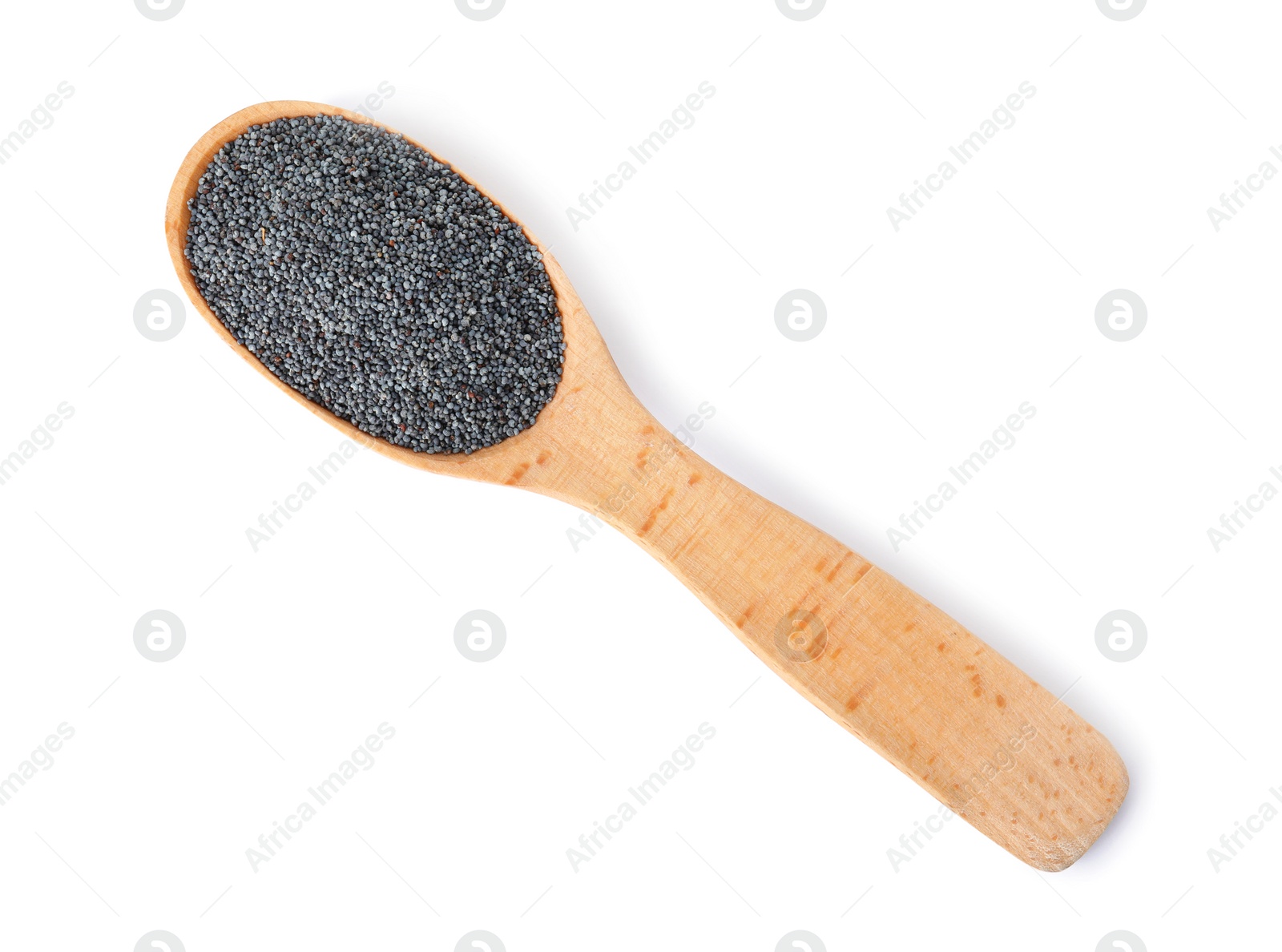 Photo of Poppy seeds in wooden spoon on white background, top view