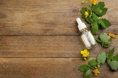 Photo of Bottle of natural celandine oil and flowers on wooden table, flat lay. Space for text