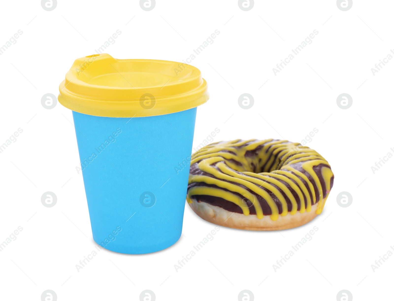 Photo of Tasty fresh donut and hot drink isolated on white